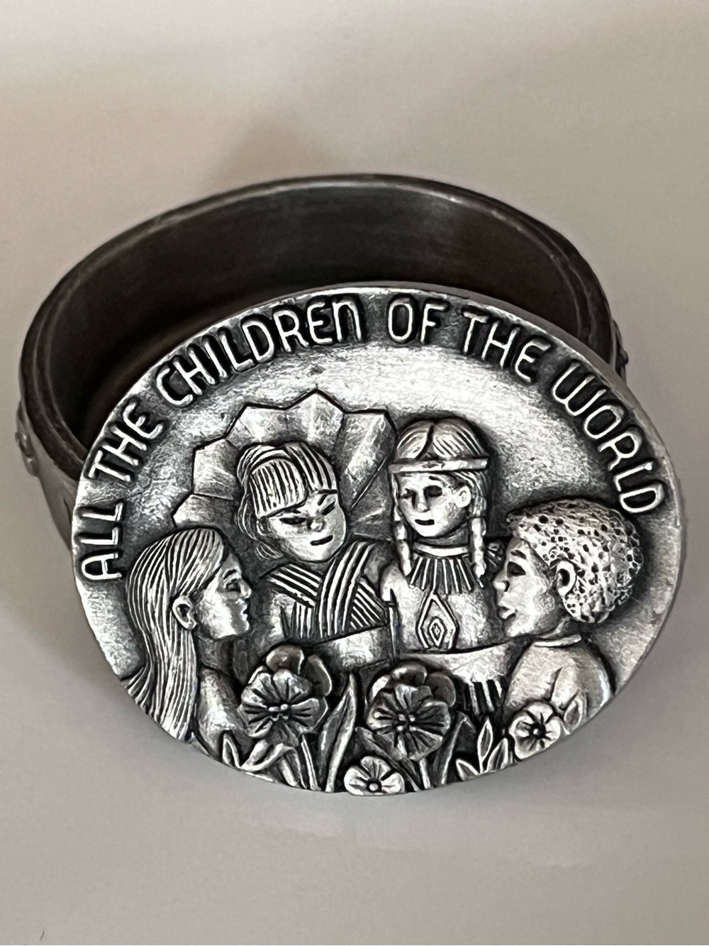 Vintage Pewter All The Children of the World” Trinket Box Inscribed inside